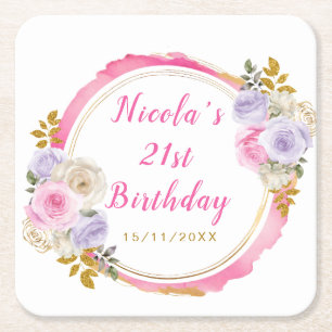 Posavasos Cuadrado De Papel Cumpleaños de flores elegantes rosadas y moradas