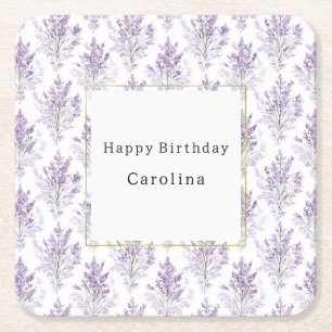 Posavasos Cuadrado De Papel Cumpleaños de Flores Lavanda Bonitas