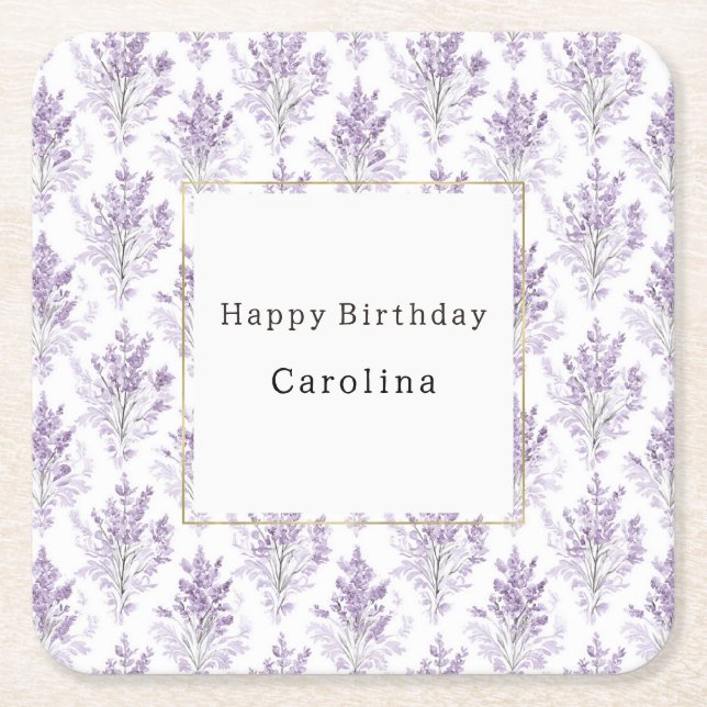 Posavasos Cuadrado De Papel Cumpleaños de Flores Lavanda Bonitas (Anverso)