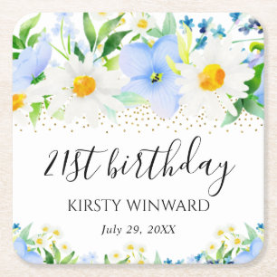 Posavasos Cuadrado De Papel Cumpleaños de flores y margaritas azules acuarela