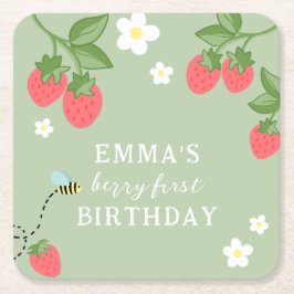 Posavasos Cuadrado De Papel Cumpleaños de Fresa Berry First