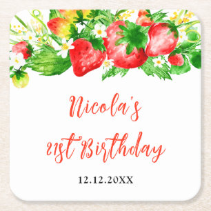 Posavasos Cuadrado De Papel Cumpleaños de Fresas y Margaritas