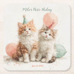 Posavasos Cuadrado De Papel Cumpleaños de gato adorable con kitten de acuarela