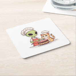 Posavasos Cuadrado De Papel Cumpleaños de gato alienígena dibujos animados
