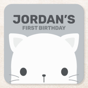 Posavasos Cuadrado De Papel Cumpleaños de gato pequeño lindo