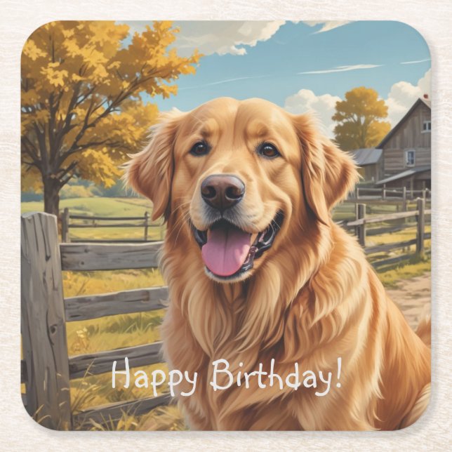 Posavasos Cuadrado De Papel Cumpleaños de Golden Retriever (Anverso)