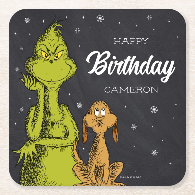 Posavasos Cuadrado De Papel Cumpleaños de Grinch Chalkboard (Anverso)