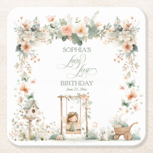 Posavasos Cuadrado De Papel Cumpleaños de Hada Personalizado para el Primer Añ