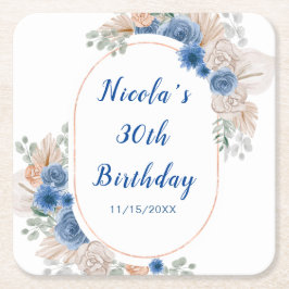 Posavasos Cuadrado De Papel Cumpleaños de hierba de Pampas azul boho