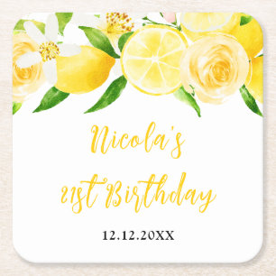 Posavasos Cuadrado De Papel Cumpleaños de limones y follaje