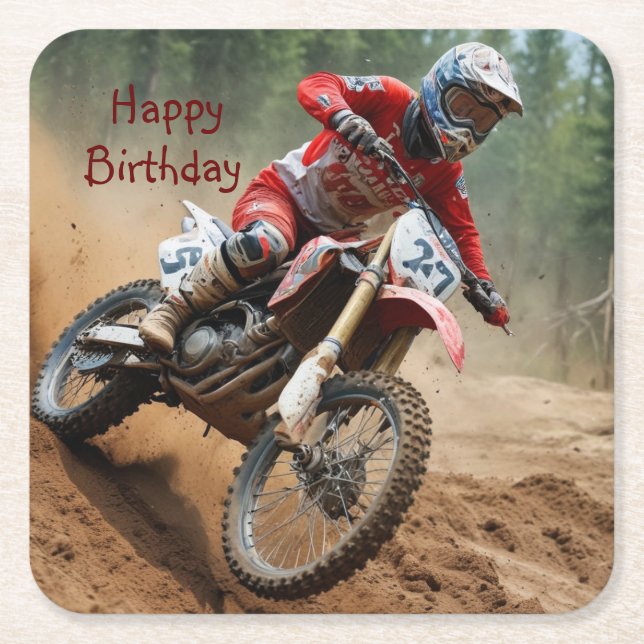 Posavasos Cuadrado De Papel Cumpleaños de Motocross (Anverso)