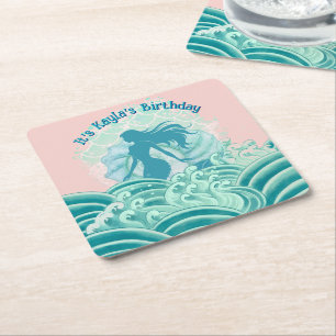 Posavasos Cuadrado De Papel Cumpleaños de niña de sirena de olas del océano ro