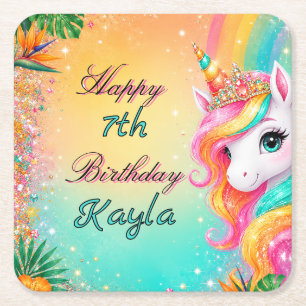 Posavasos Cuadrado De Papel Cumpleaños de niñas Floral Unicornio Arcoíris Trop