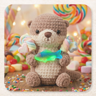 Posavasos Cuadrado De Papel Cumpleaños de niño con tema de nutria adorable y p