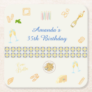 Posavasos Cuadrado De Papel Cumpleaños de Prosecco y Pasta