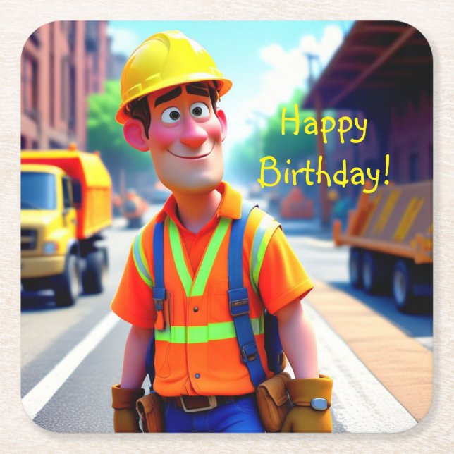 Posavasos Cuadrado De Papel Cumpleaños de Trabajadores de Construcción (Anverso)