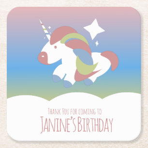 Posavasos Cuadrado De Papel Cumpleaños de Unicornio Nubes Gradiente Colorido