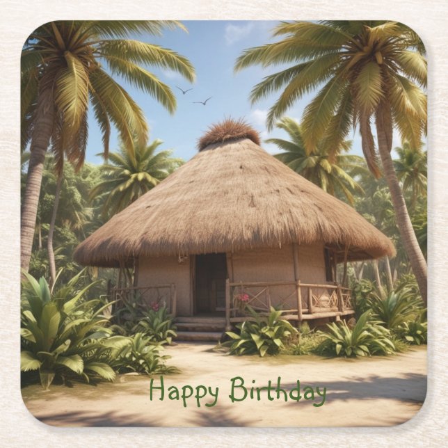 Posavasos Cuadrado De Papel Cumpleaños de Vacaciones Tropicales (Anverso)