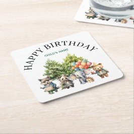 Posavasos Cuadrado De Papel Cumpleaños del bosque de acuarela caprichosa