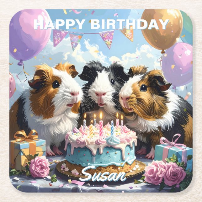 Posavasos Cuadrado De Papel Cumpleaños del Cerdo de Guinea (Anverso)