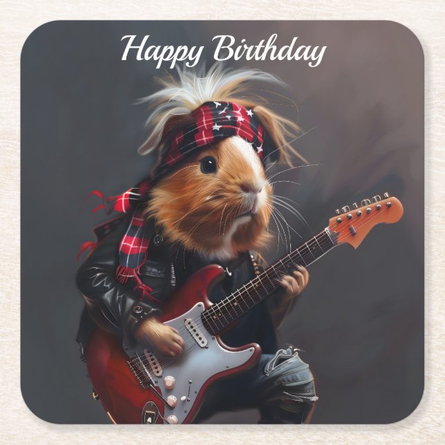Posavasos Cuadrado De Papel Cumpleaños del Cerdo de Rock n Roll Guinea (Anverso)