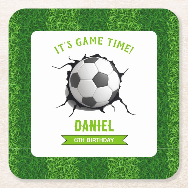 Posavasos Cuadrado De Papel Cumpleaños del fútbol (Anverso)