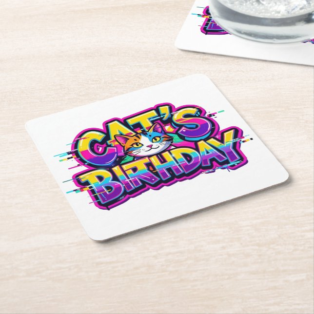Posavasos Cuadrado De Papel Cumpleaños del Gato Efecto Arcoíris Glitch (En perspectiva)