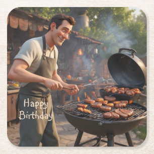 Posavasos Cuadrado De Papel Cumpleaños del Hombre de la Barbacoa