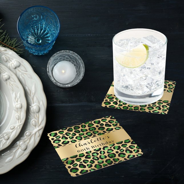 Posavasos Cuadrado De Papel Cumpleaños del leopardo de oro verde esmeralda (Subido por el creador)