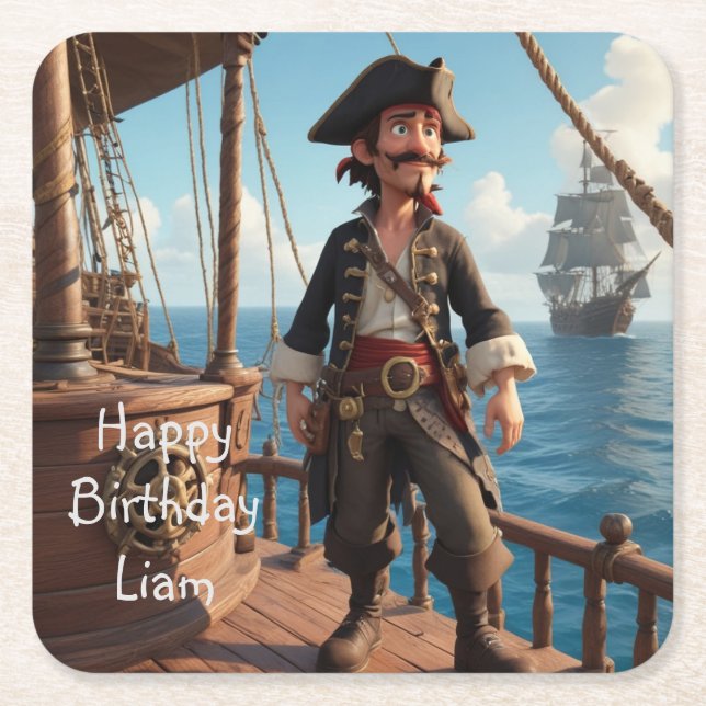 Posavasos Cuadrado De Papel Cumpleaños del Pirata (Anverso)