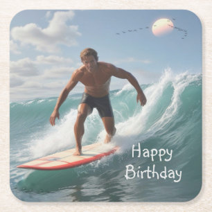 Posavasos Cuadrado De Papel Cumpleaños del Surfing