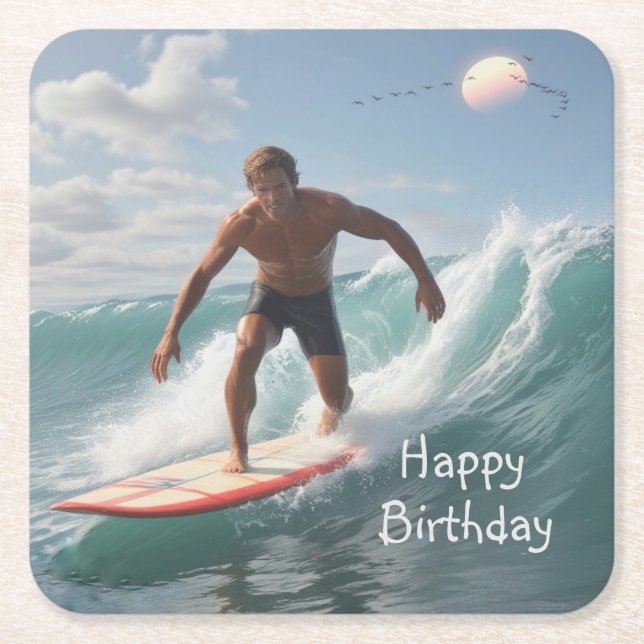 Posavasos Cuadrado De Papel Cumpleaños del Surfing (Anverso)