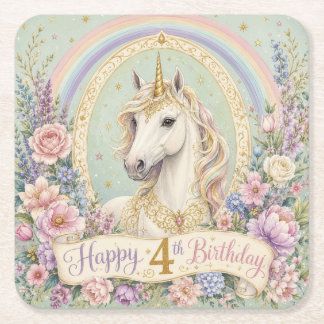 Posavasos Cuadrado De Papel Cumpleaños elegante unicornio arcoíris 4 años