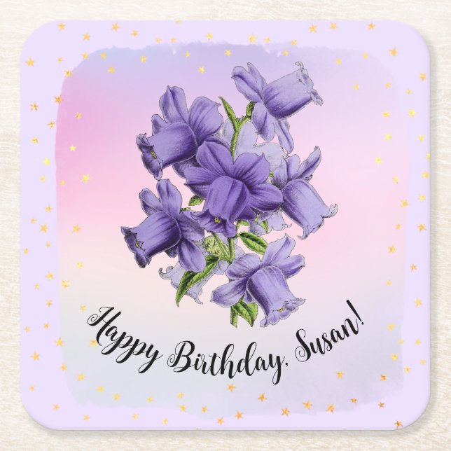 Posavasos Cuadrado De Papel Cumpleaños feliz con orquídea morada de Bonito (Anverso)