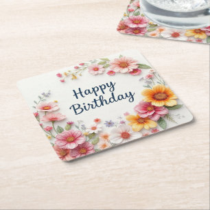 Posavasos Cuadrado De Papel Cumpleaños Feliz Corona Floral Elegante