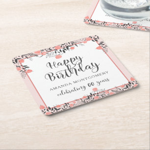 Posavasos Cuadrado De Papel Cumpleaños Floral CUALQUIER Edad Rosa Oro Rubor No