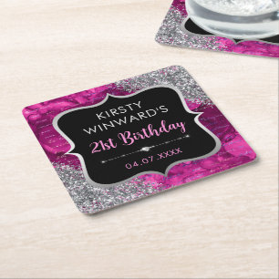 Posavasos Cuadrado De Papel Cumpleaños Letras Sirena Brillo Irisado Rosa