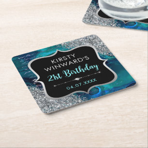Posavasos Cuadrado De Papel Cumpleaños Letras Sirena Brillo Irisado Verde Teal
