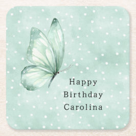 Posavasos Cuadrado De Papel Cumpleaños Mariposa Menta Puntos Blancos
