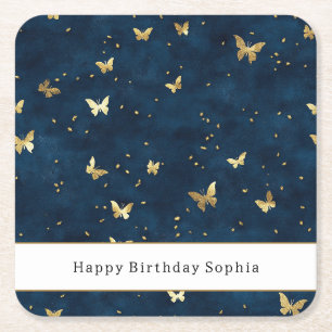 Posavasos Cuadrado De Papel Cumpleaños Mariposas Mármol Azul
