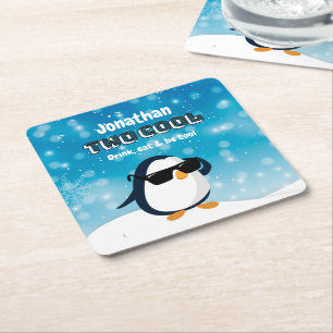 Posavasos Cuadrado De Papel Cumpleaños número 2 de un niño pingüino genial