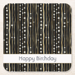 Posavasos Cuadrado De Papel Cumpleaños Perlas Blancas Oro Negro