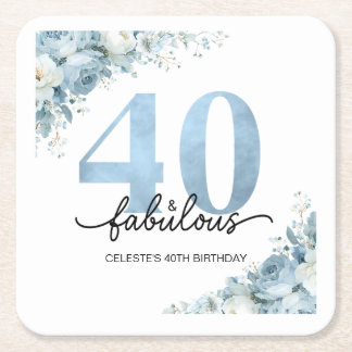 Posavasos Cuadrado De Papel Cumpleaños personalizado 40 y fabuloso con flores 