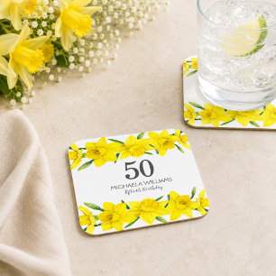 Posavasos Cuadrado De Papel Cumpleaños Personalizado 50 Narciso Amarillo