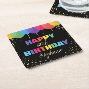 Posavasos Cuadrado De Papel Cumpleaños Personalizado Año Nombre Globos Colorid