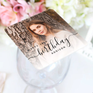 Posavasos Cuadrado De Papel Cumpleaños personalizado con foto y letra negra 18