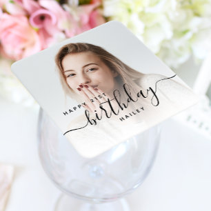 Posavasos Cuadrado De Papel Cumpleaños personalizado con foto y letra negra 21