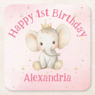Posavasos Cuadrado De Papel Cumpleaños personalizado de la princesa elefante p
