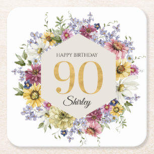 Posavasos Cuadrado De Papel Cumpleaños personalizado de Wildflower 90
