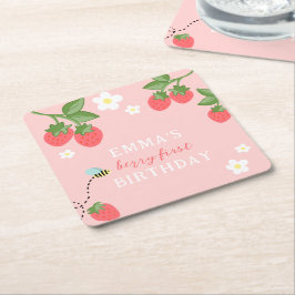 Posavasos Cuadrado De Papel Cumpleaños primera niña Pink Berry Fresa